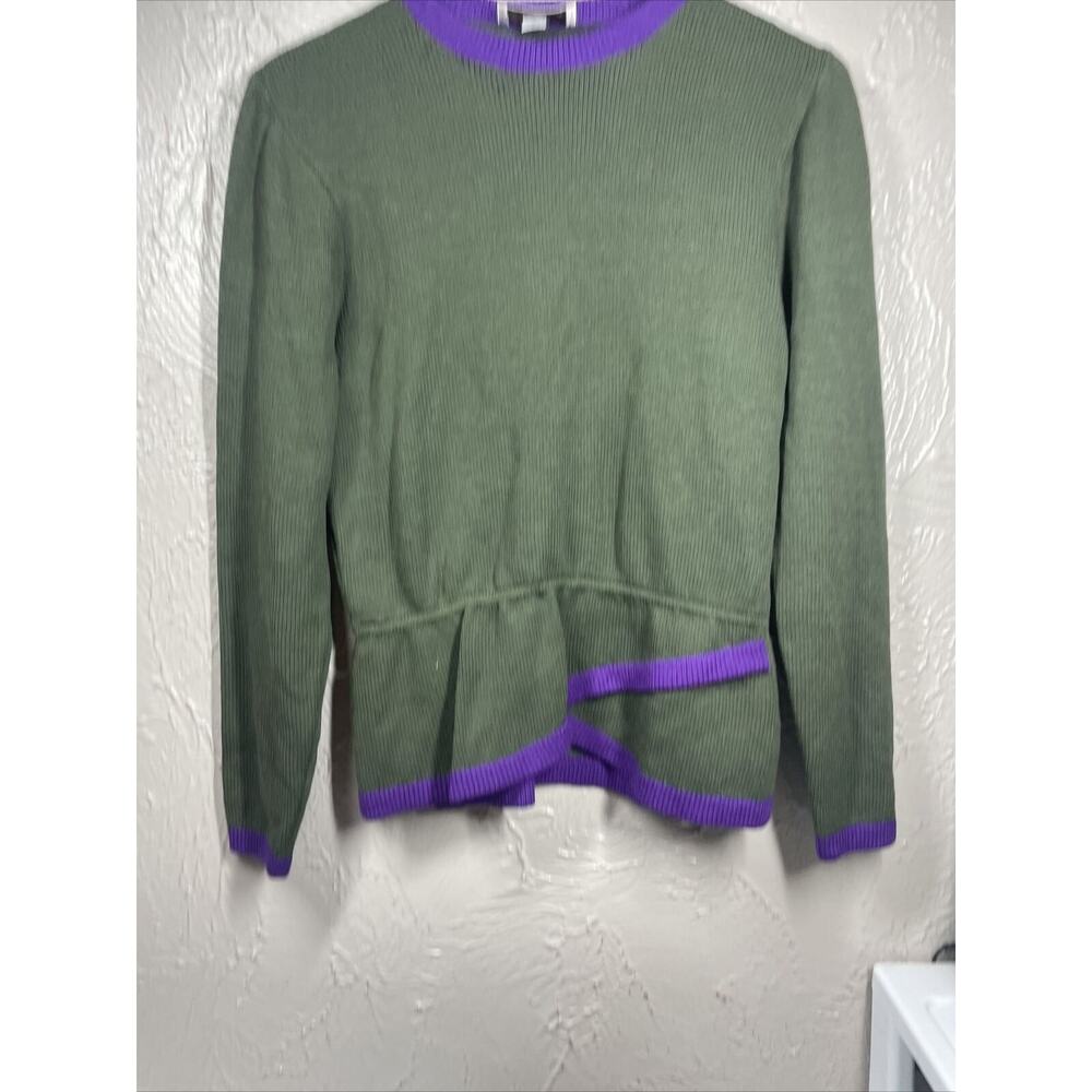 St John Marie Gray Green Purple Shoulder Pad Santana Knit Sweater Set USA 8